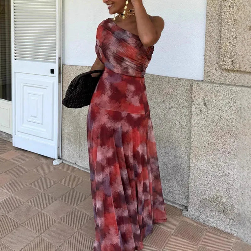 Sexy One Shoulder Sleeveless Pleated Long Dress Woman Spring Elegant Print Swing Party Dress Summer Backless Hollow Boho Dresses