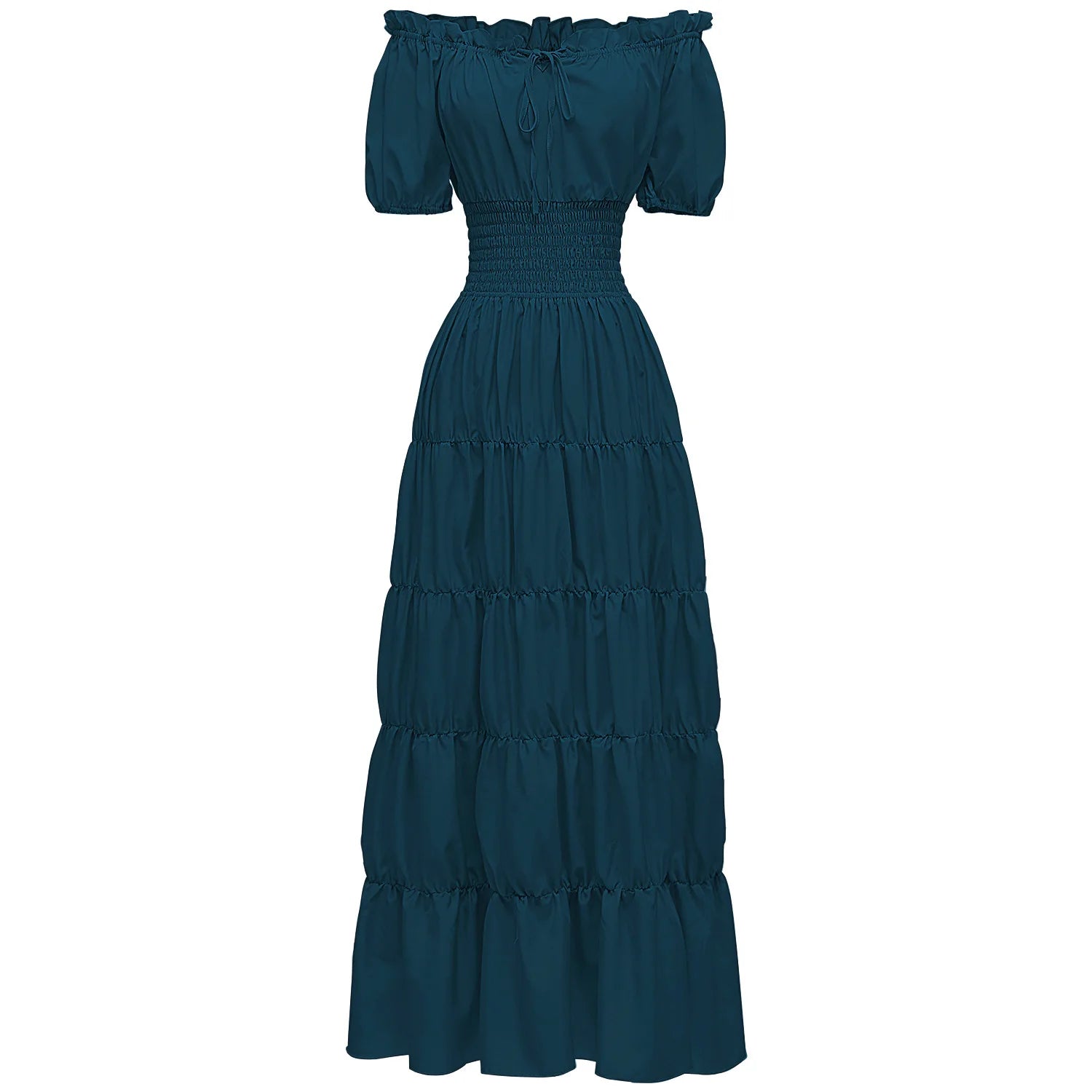 Elegant Medieval Renaissance Dress Boho Short Sleeves Off Shoulder Smocked Waist Retro Pleated Long Dress Costume Gown