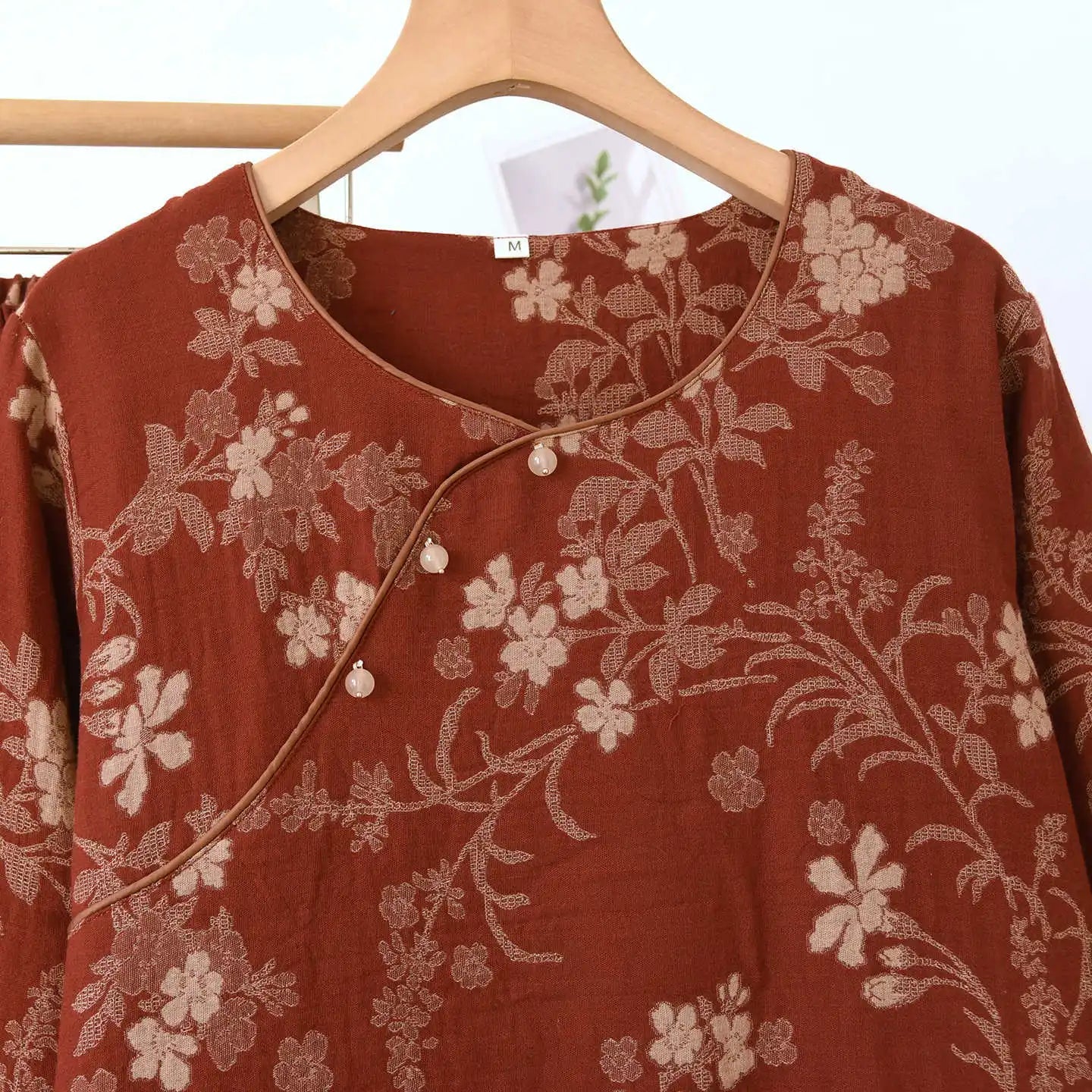 Round Neck Plum Blossom Printing Cotton Color Woven Homewear Women's Pajamas Set National Style Long Sleeve Long Trousers