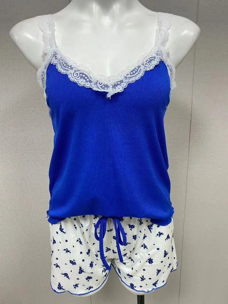 Women's Lace Trim Cami Pajama Set Floral Print Shorts Sleepwear Soft Knit V-Neck Loungewear Set Nightwear and Casual Home Wear