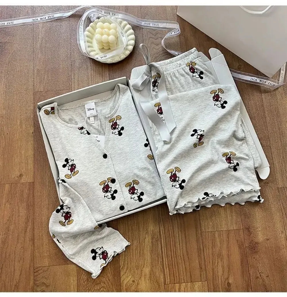 Potdemiel Mickey Women's Pajama Set Autumn, Korean Style Long Sleeve Loungewear, Premium Cotton Sleepwear with Pants