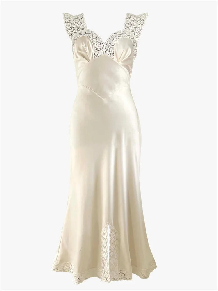 Tossy Fashion Satin Lace Long Dress Women V-Neck Patchwork Hollow Out Sleeveless Lace-Up Dress Evening Female Autumn Maxi Dress