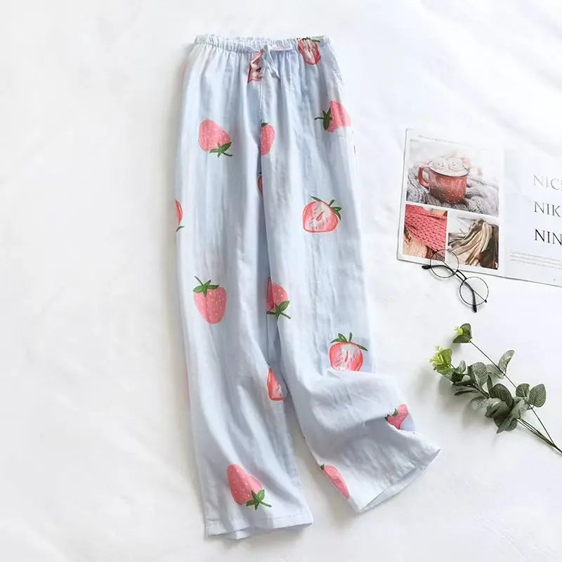 Women's Pure Cotton Pajama Pants Home Pants Double-layer Gauze Elastic Band Loose Casual Pants Cute Strawberry Home Pants 2024