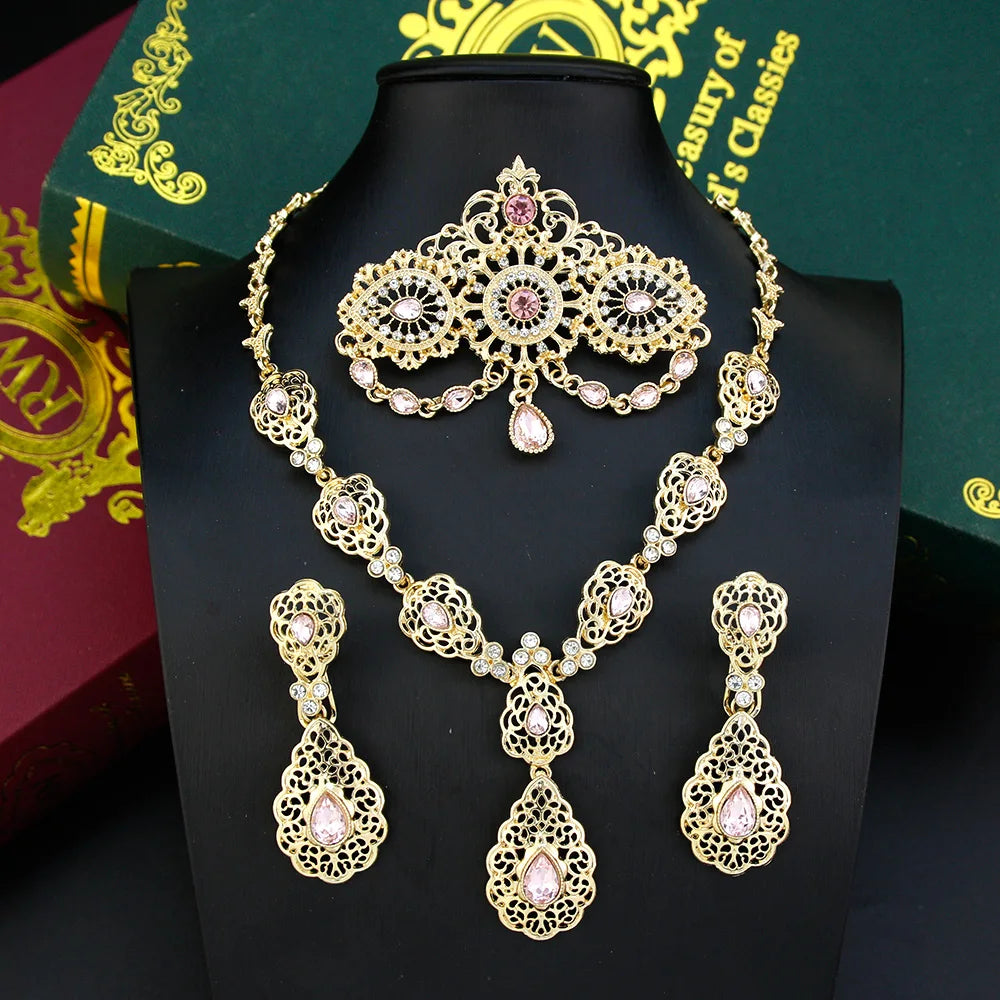 Sunspicems Elegent Morocco Bride Jewelry Sets Women Drop Earring Caftan Brooch Pins Choker Necklace Set Arabic Wedding Bijoux