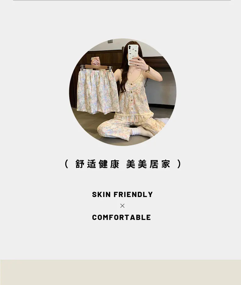 Women's Sleepwear Korean Version Floral Sleepwear Women's Summer Thin Design with Chest Cushion Cloud Cotton Suspender Pants