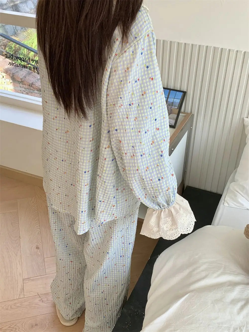 Korean Style Sweet Style Floral Pajamas for Women New Long Sleeve Long Pants Lace Trim Homewear Set Autumn Winter Loungewear Hot