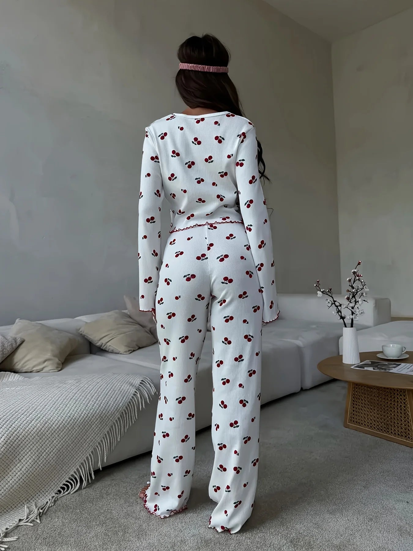 Autumn Winter Pajama Set Women 2pcs Y2K-Style Cherry Print Cuffed-Long-Sleeve Tops and Long Trousers Sleepwear Homewear