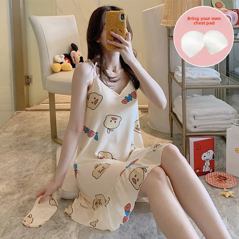 New with Bra Pad, Free Eye Mask, Sling, Loose and Cute Cartoon Animal Pajamas, Nightgown Role-playing Sleepwear Women