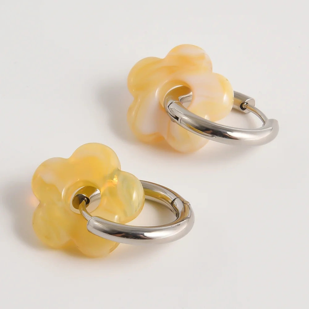 Colorful Flower Glass Drop Charms Earring Gold Color Circle Ear Buckle Hoops Stainless Steel Earrings Fashion Jewelry for Women