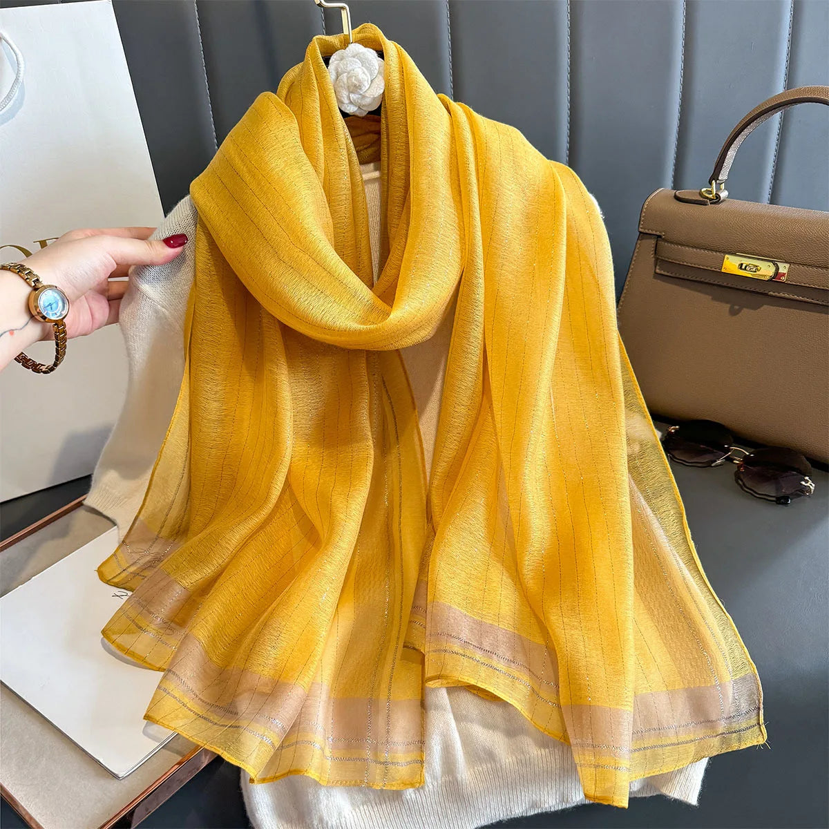 Luxury Long Scarf For Women Elegant Hijab For Travel Beach Soft Stain Neckerchief Shawl Solid Color Imitation Silk Scarves