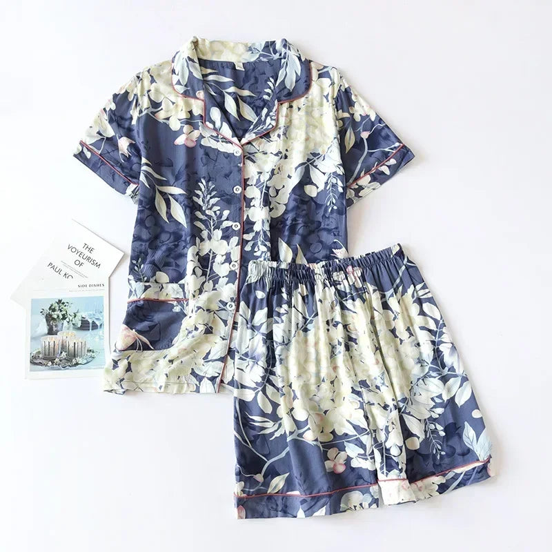 Spring and autumn ladies cute cartoon floral viscose fiber pajamas two-piece long-sleeved home service cotton summer thin shorts