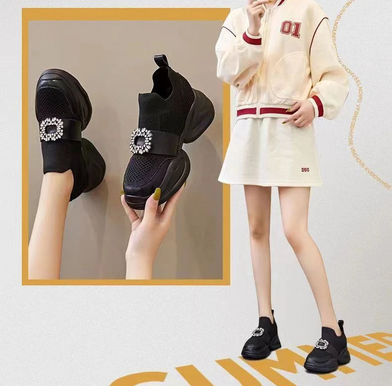 Platform Shoes Women's Spring Summer New Fashion Rhinestone Sports Casual Shoes Slip-On Mesh Breathability Sneakers Women