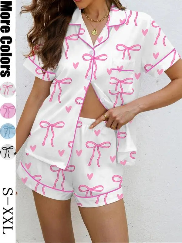 Women's Bow Print Pajama Set, Casual Shirt Collar Soft Top & Elastic Shorts, Comfortable Home Wear for All Seasons