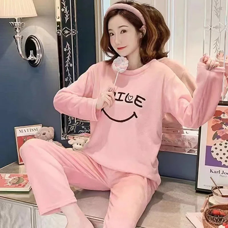 Warm Sleepwear for Winterthickened Plus Size Coral Velvet Pajamas Women Warm Long Sleeve Solid Color Plaid Trousers Home Suit Se