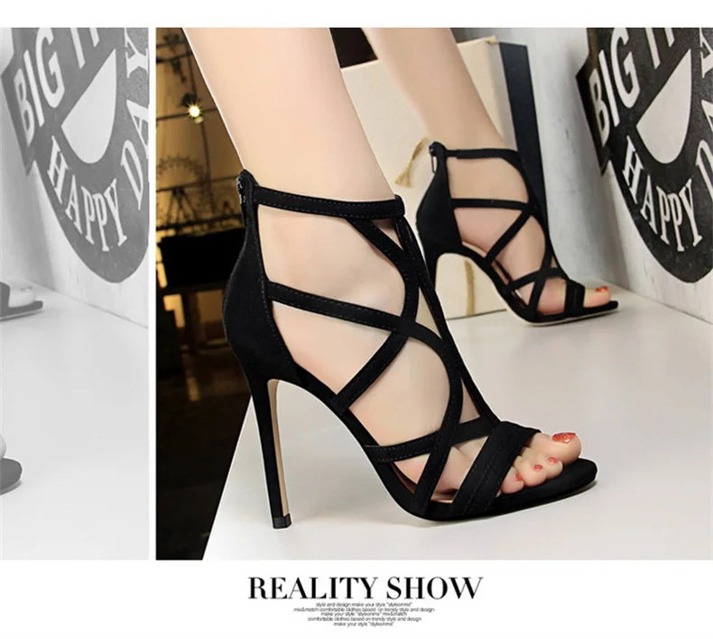 Women Roman style Thin High Heels Pumps Pointed Toe Suede Hollow Strap Party Shoes Solid Solid Ankle Zip Summer Sandals