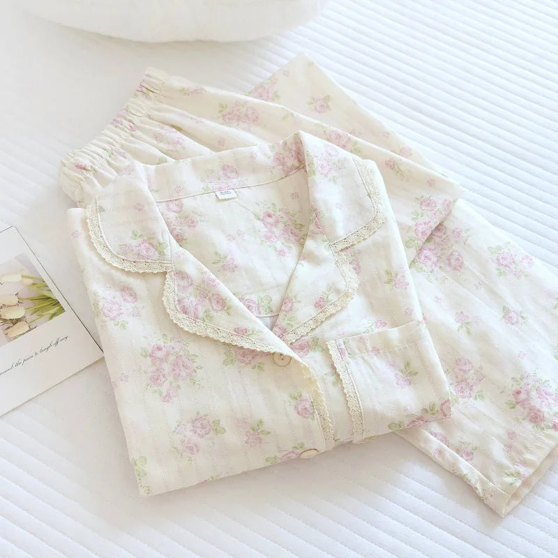 2026 New Spring/Summer Women's Pajama Set 100%Cotton Gauze Fresh Flower Collar Long Sleeve Two Piece Set Thin Loose Home Clothes
