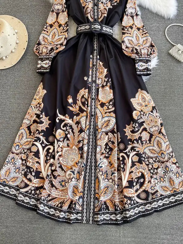 Elegant Vintage Court Style Long Sleeve Collared Slim Fit Print Shirt Dress Knitted Fabric Midi Skirt Length Button Detail