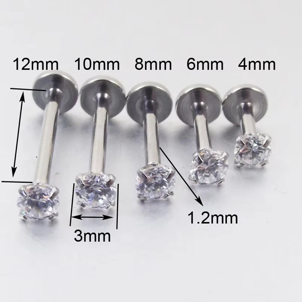 2PC Labret Tragus Stud Earrings 16G Surgical Stainless Steel CZ Crystal Monroe Helix Cartialge Conch Medusa Lip Body Piercing