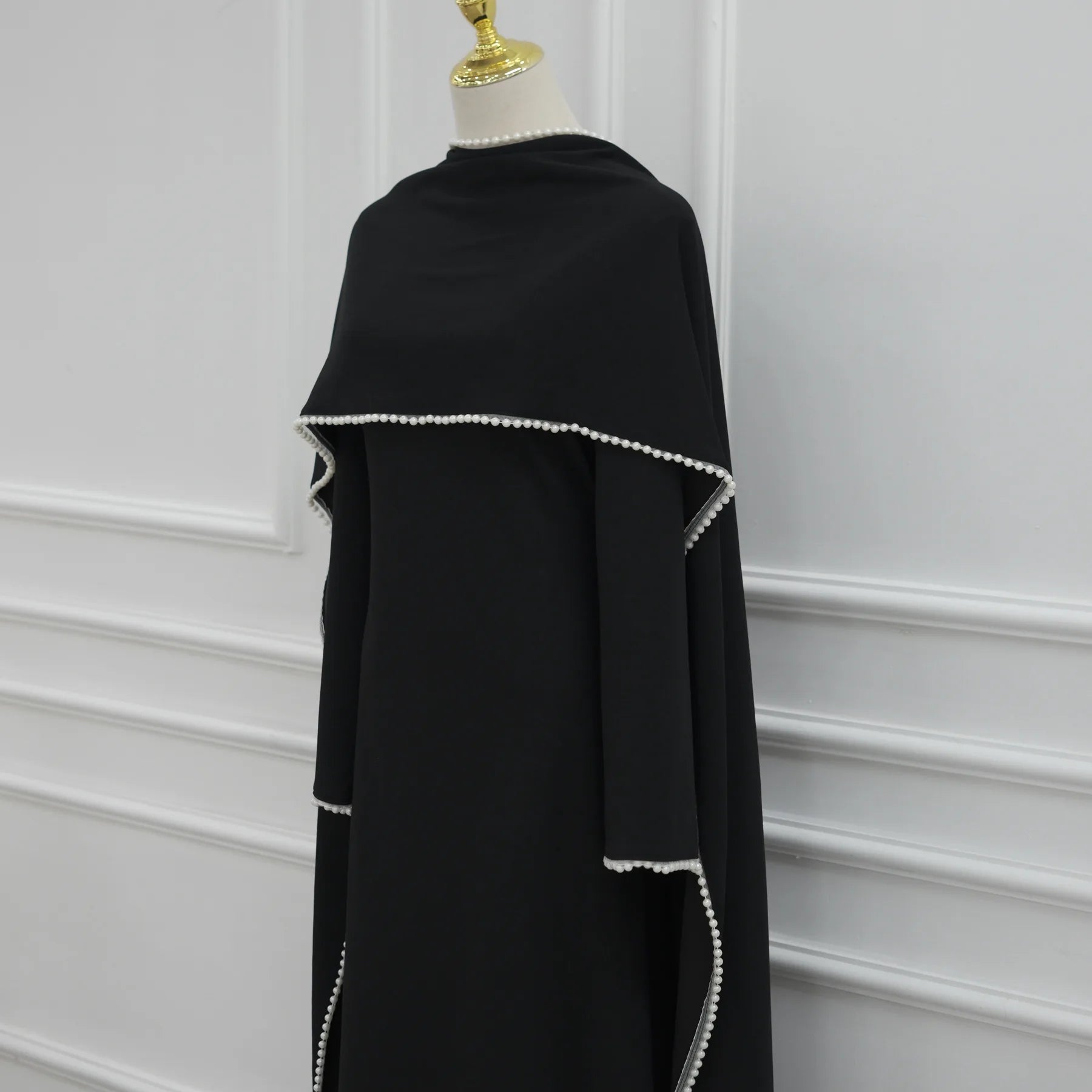 White Pearl Trim Cape Maxi Dress Women Elegant Long Sleeve Cinched Waist Muslim Robes 2026 Spring EID Abaya Lady Dresses
