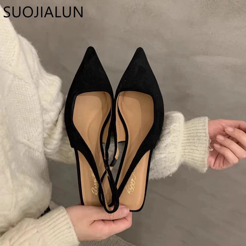 SUOJIALUN 2024 Spring New Women Sandal Fashion Pointed Toe Shallow Slip On Dress Mules Shoes Thin Low Heel Slingback Sandal