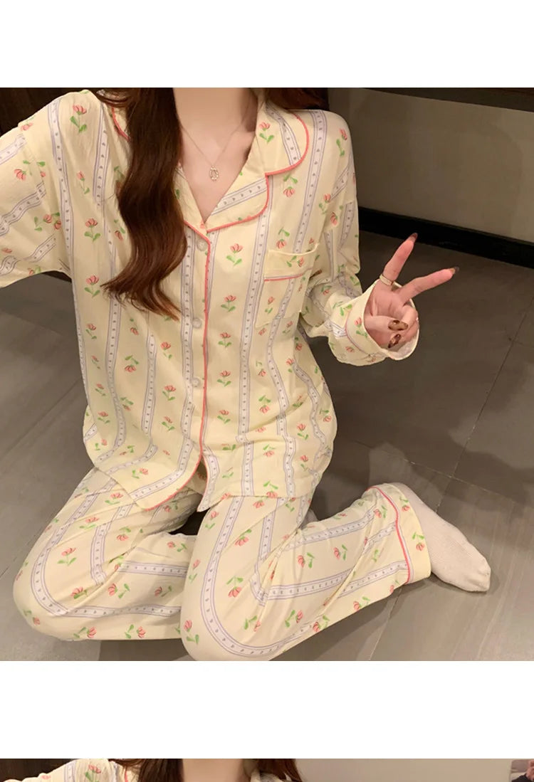 Spring and Autumn New Women's Fresh Flowers Long-Sleeved Pajamas Homewear Suit Leisure Pajamas Thin Section Homewear Pajamas Set