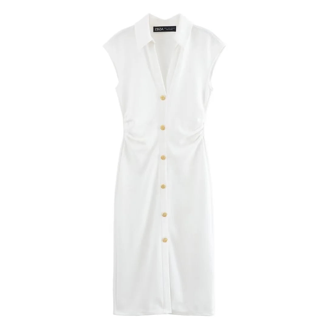 BSAY Dress for Women Fashion Summer New Fold Sleeveless V-neck Single Breasted Midi Dresses French Chic Female Evening Clothing