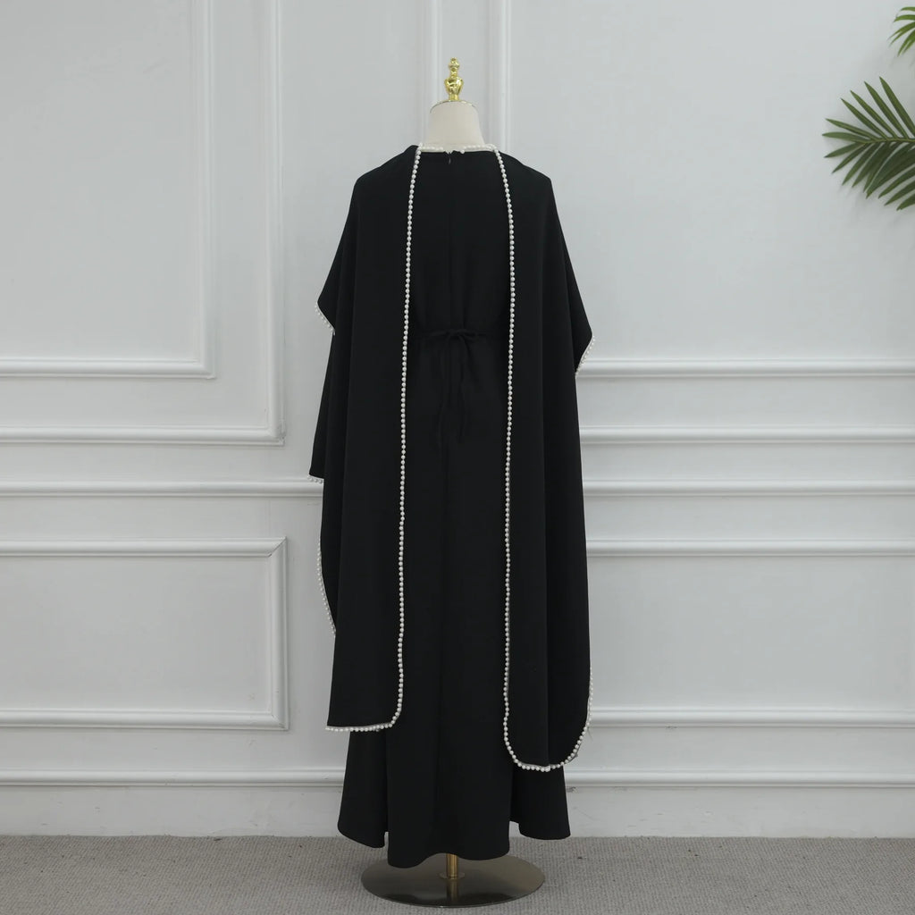 White Pearl Trim Cape Maxi Dress Women Elegant Long Sleeve Cinched Waist Muslim Robes 2026 Spring EID Abaya Lady Dresses