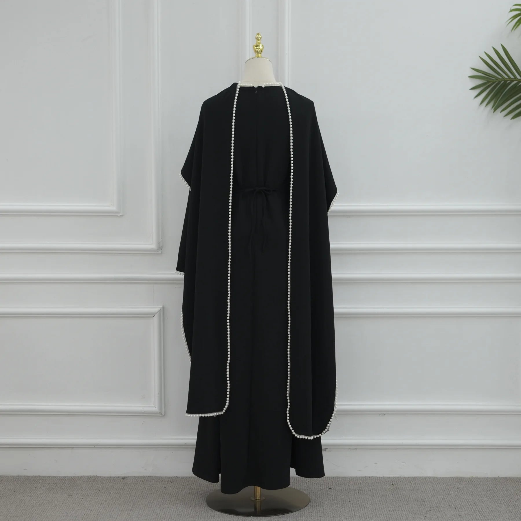 White Pearl Trim Cape Maxi Dress Women Elegant Long Sleeve Cinched Waist Muslim Robes 2026 Spring EID Abaya Lady Dresses