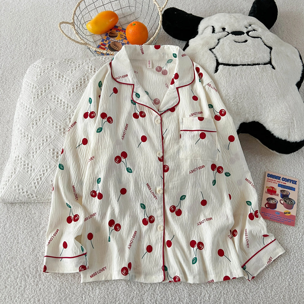 Cherry Print Women's Pajamas Set Fall Spring Plaid Print Loungewear Long Sleeve Cardigan Top and Pants Home Sleepwear