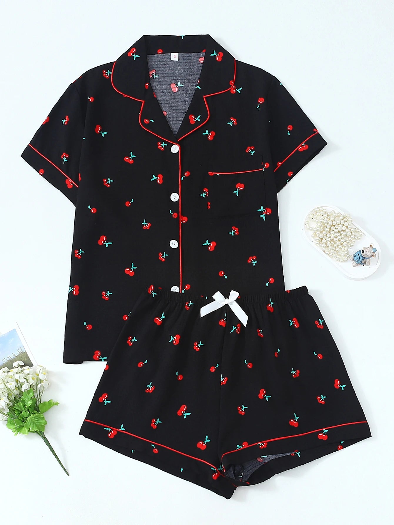 Women Pajamas Cardigan Lapel Short Sleeve Shorts Two Piece Set Loungewear Spring Summer Cute Cherry Print Black Base Loose Comfo
