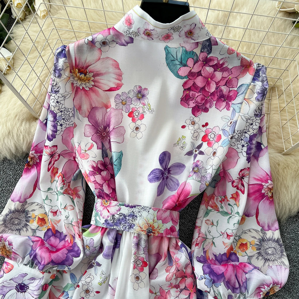 Runway 2025 Spring Summer Floral Print Long Shirt Dress Women's Turtleneck Lantern Sleeve Print Belt Casual Holiday Dress Female