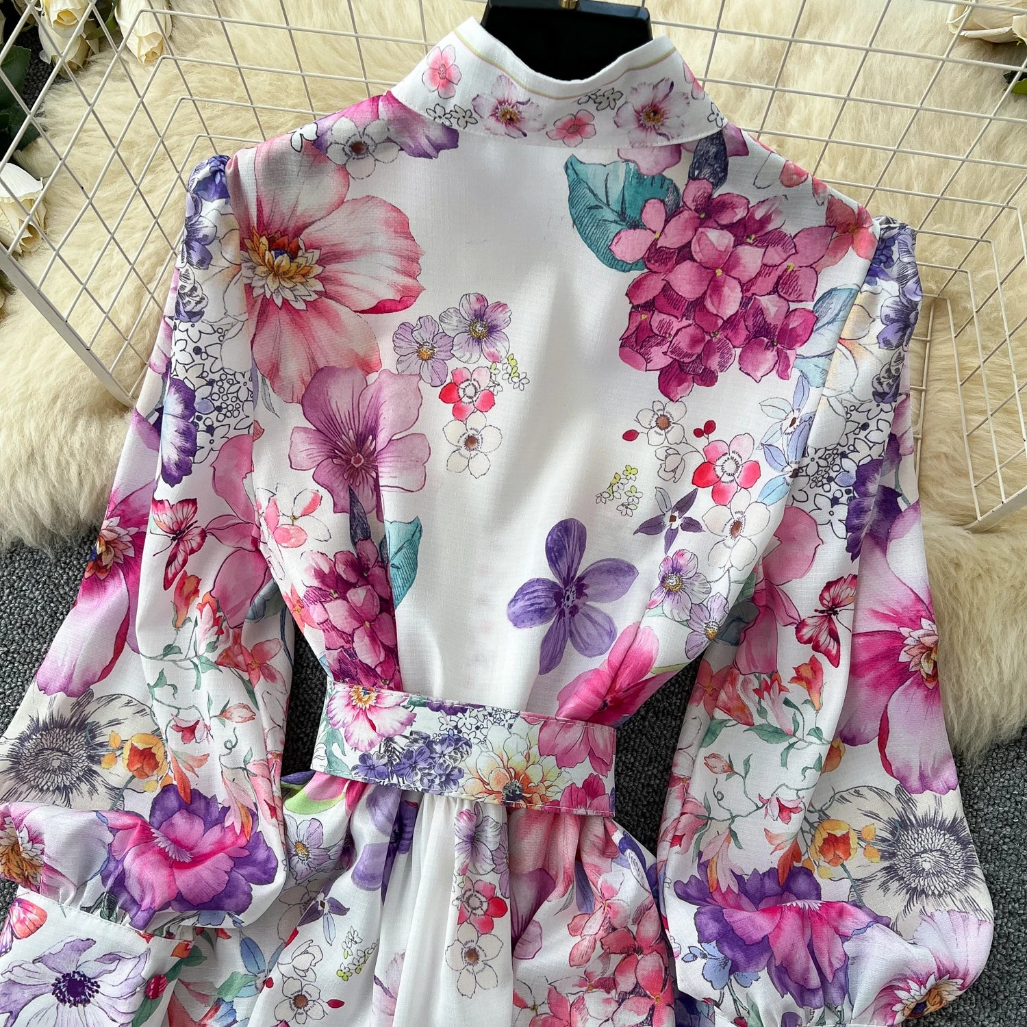 Runway 2025 Spring Summer Floral Print Long Shirt Dress Women's Turtleneck Lantern Sleeve Print Belt Casual Holiday Dress Female
