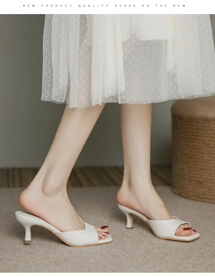 Genuine Leather French Slim Heel Slippers for Women's Summer New Fashionable Sandals Women Sweet Round Toe Slipper Ladies Shoes