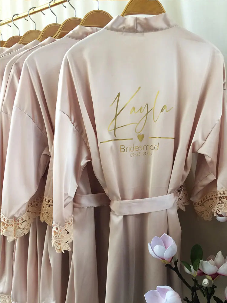 Personalized Name Dressing Gown Bride Kimono Silk bridesmaid Gowns Custom Wedding Nightgown Bachelorette Party Floral Trim Robes