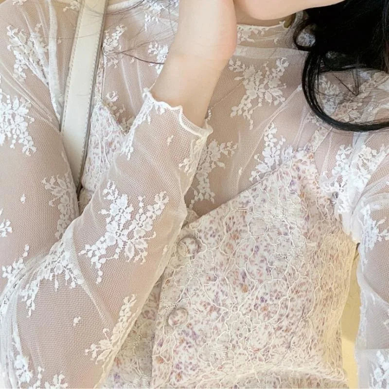 Sexy Floral Lace and Mesh Ruffle Nightgown Woman Sleep Tops Nightie Turtleneck Mesh Layering Top Y2k Floral Tee Shirts Blouse