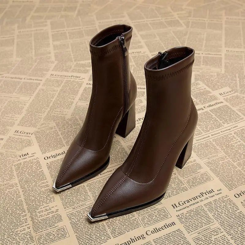 Brand Pu Black Ankle Boots 2025 Autumn French Retro Pointed Toe High Heel Chelsea Boots Metal Decoration Designer Short Booties