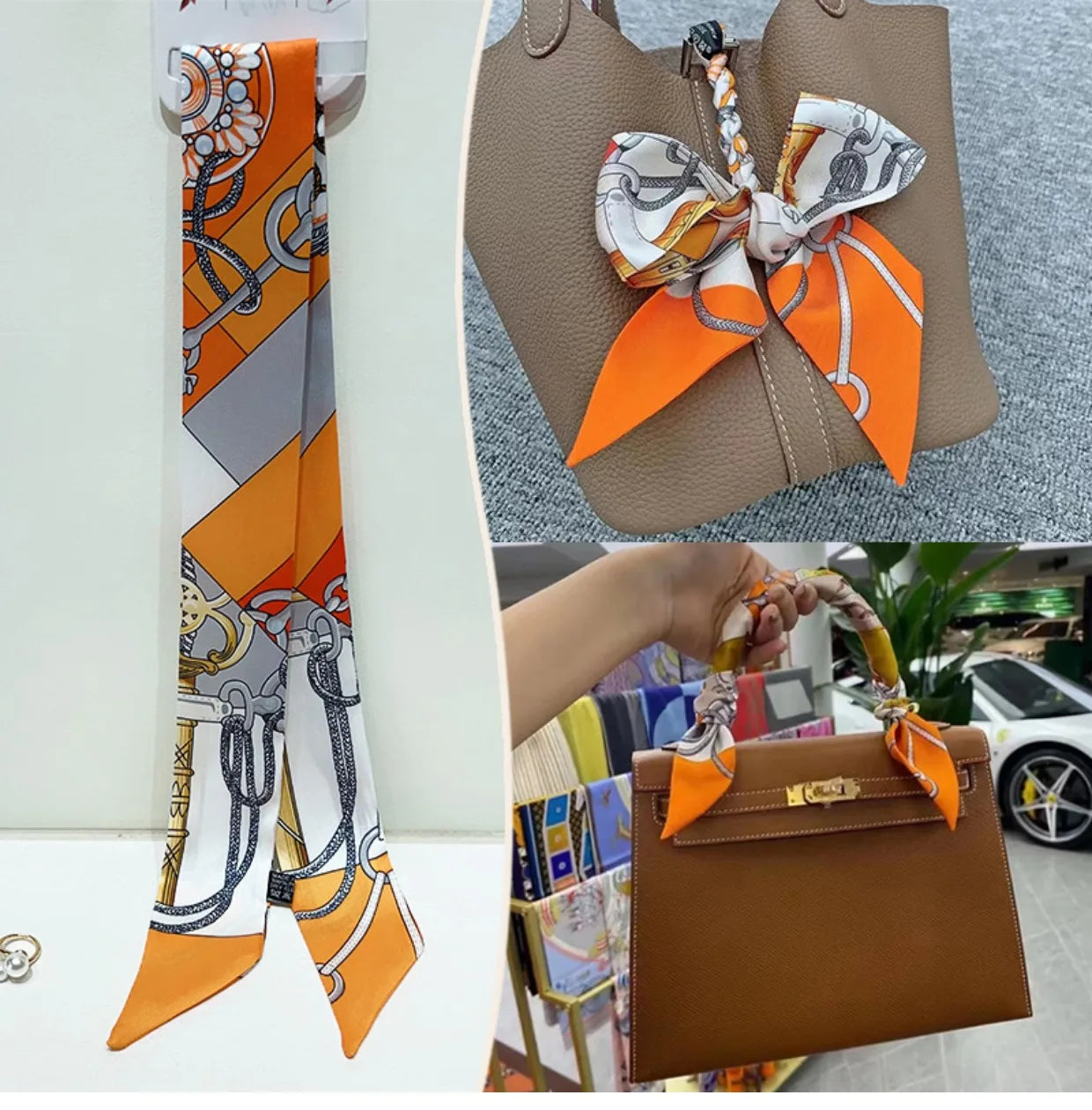 New 2025 simulated silk wrapped bag strap bag handle silk scarf tied bag ribbon decorative small streamer