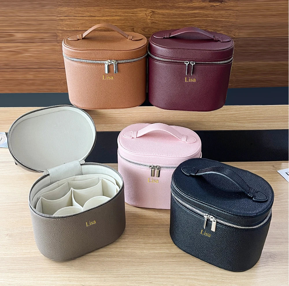 Large-capacity PU leather cosmetic box with internal storage box, customizable names and letters, travel portable cosmetic bag