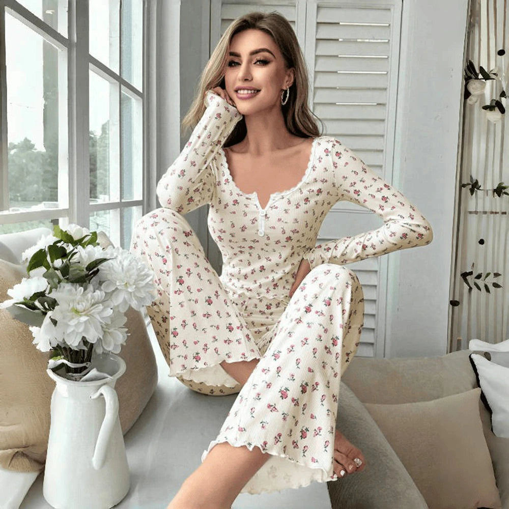 Women Sexy Floral Print Pajama Sets Soft Comfortable Long Sleeve Top and Pants Loungewear Sleepwear Two Piece Set Homewears