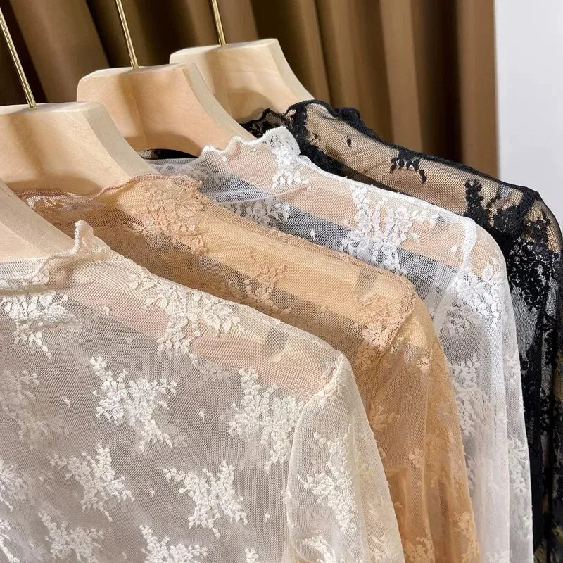 Sexy Floral Lace and Mesh Ruffle Nightgown Woman Sleep Tops Nightie Turtleneck Mesh Layering Top Y2k Floral Tee Shirts Blouse