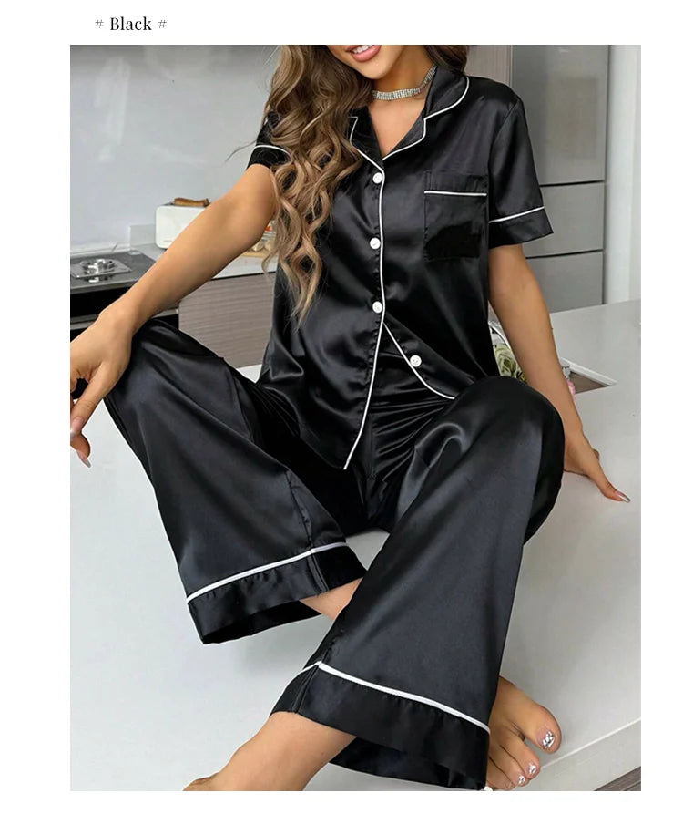 Women Pajamas Sets Spring Short Sleeve Satin Button-Down Top with Pants 2 Piece Pajama Set Sleepwear Pj Set Homewear Loungewear