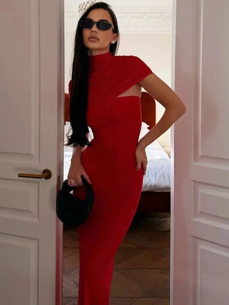 Mozision Turtleneck Short Sleeve Sexy Maxi Dress Women Elegant Draped Ruched Evening Club Party Long Dresses Female Clothes