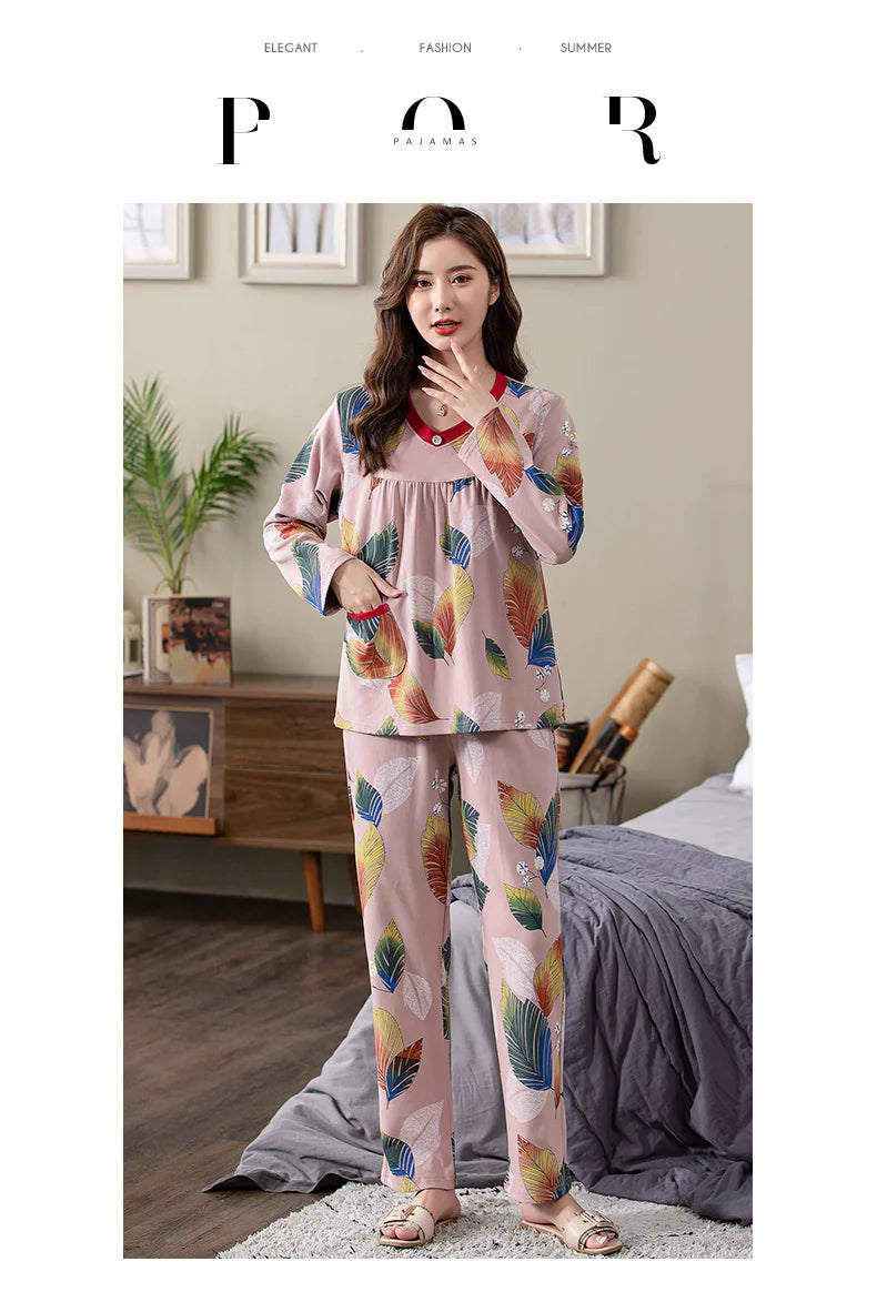 Pajamas Sets Women Floral Cotton Fashion Lace Women Long Sleeve Sleepwear Suit 2 piece Sexy Autumn Home Lounge Gift XXXXL