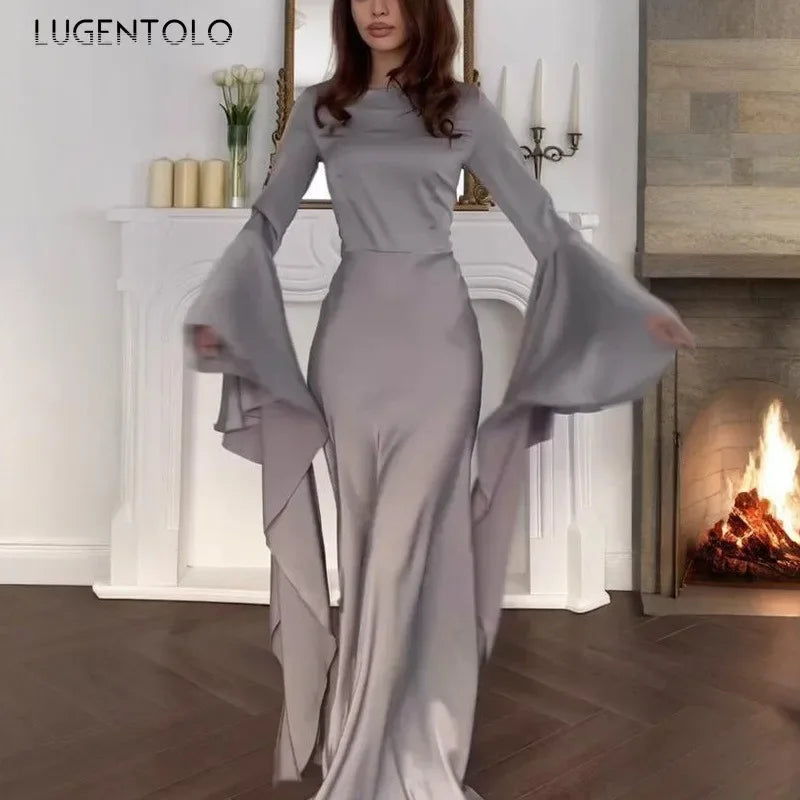 Women Cocktail Party Dress Big Swing Middle Eastern Long Floating Sleeves Slim Empire Lady Banquet Solid Maxi Clothing