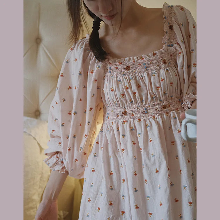 100% Cotton Doen Fairy Embroidered Dress Retro Sweet Cotton Princess Style Floral Sleep Skirt Outside Spring Autumn Sleepwear