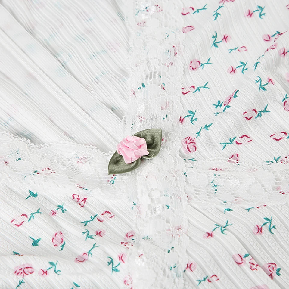 Floral Print V-neck Lace Trim Jumpsuit Knitted Long Sleeve Cute Aesthetic Y2K Bodysuit Rompers Homewear Women Casual Nightgowns