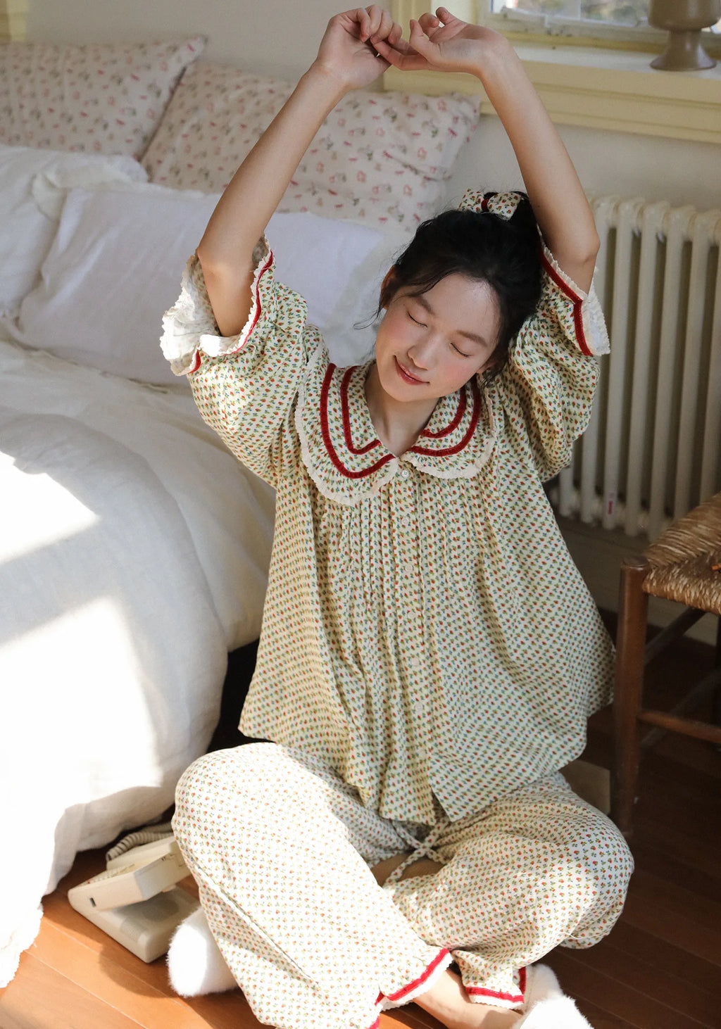 2026 new 100% cotton sweet rose floral printing home wear set princess women loose 2 pieces pajamas sets for spring summer
