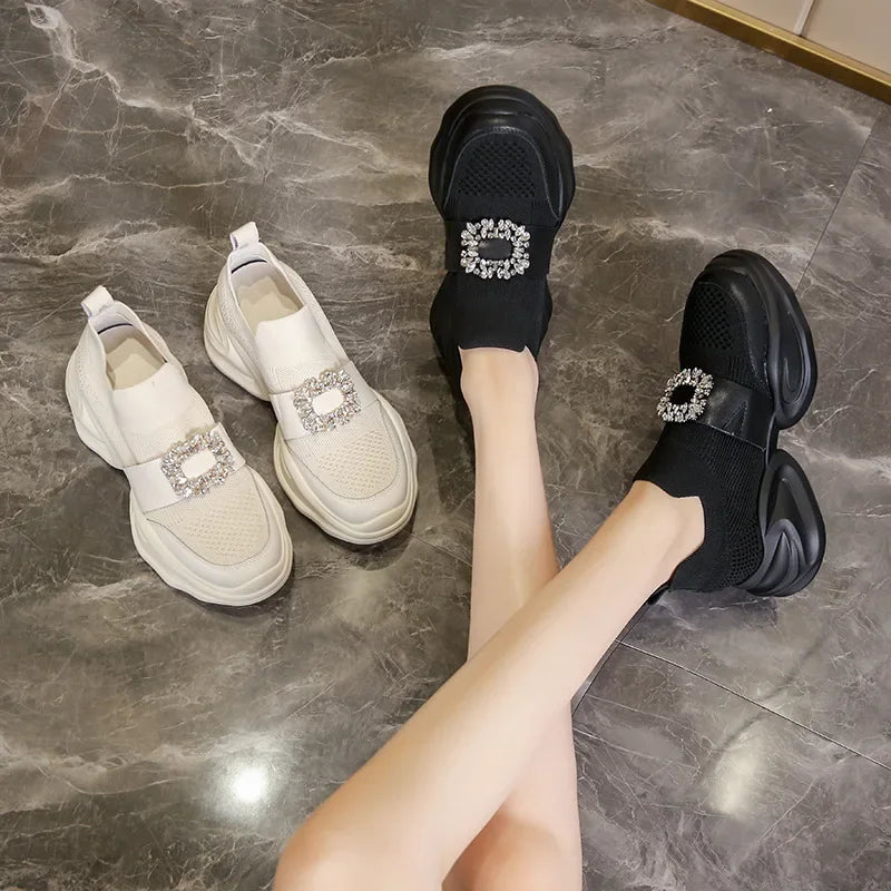Platform Shoes Women's Spring Summer New Fashion Rhinestone Sports Casual Shoes Slip-On Mesh Breathability Sneakers Women