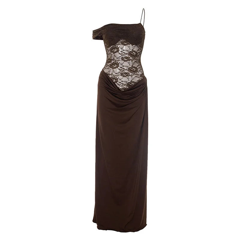 Mozision One Shoulder Lace See Through Sexy Maxi Dress Women Gown Fashion Off-shoulder Sleeveless Backless Club Long Dresses