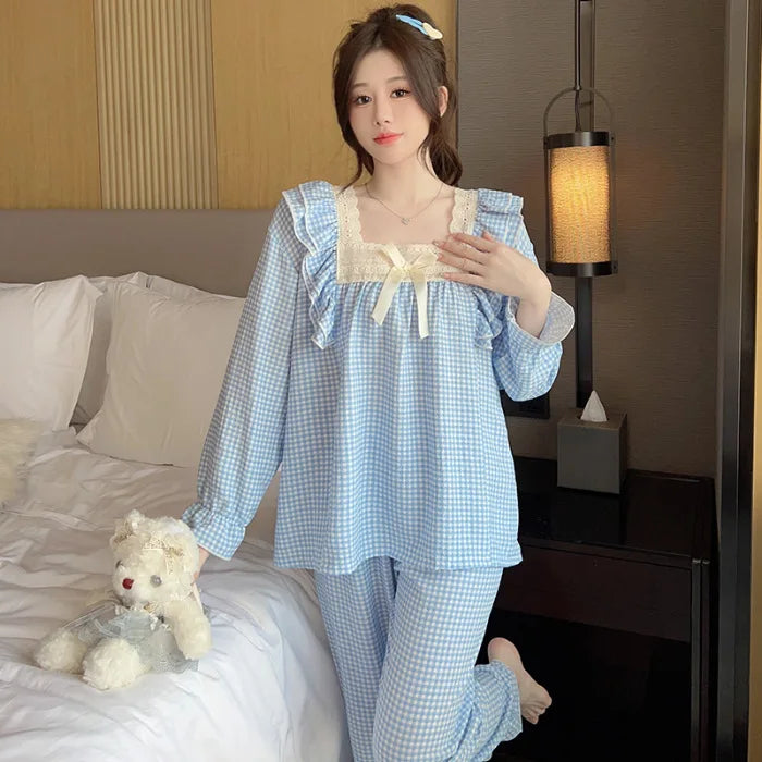 100kg Plus Size Cherry Print Pajama Women Korean Sweet Spring Long Sleeve Top Long Pants Plaid Homewear Princess Loose Outfits